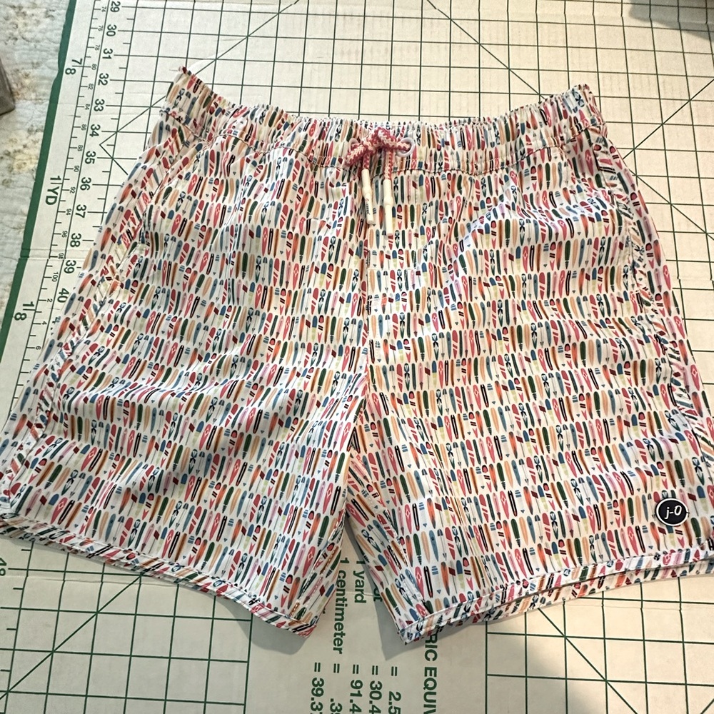 Johnnie-O kids board/swim shorts surf board pattern mesh liner drawstring waist